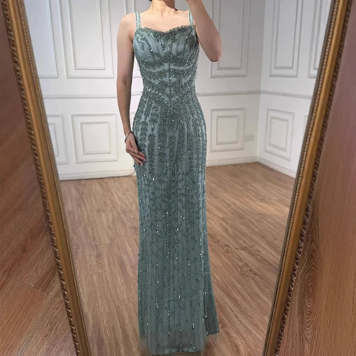 Luxury Arabic Blue Spaghetti Strap Mermaid Evening Dress Beaded LA72725 - SERENE HILL
