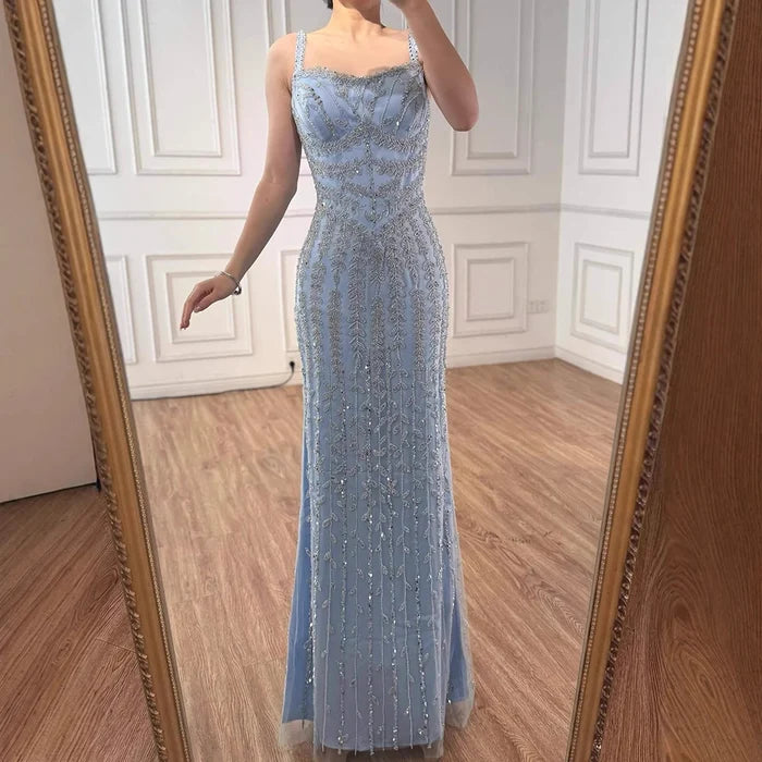 Luxury Arabic Blue Spaghetti Strap Mermaid Evening Dress Beaded LA72725 - SERENE HILL