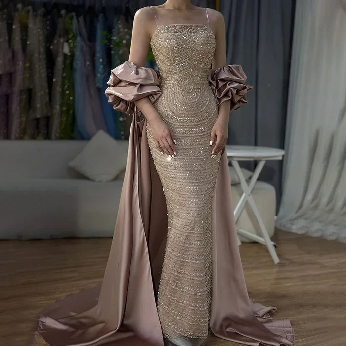Luxury Arabic Dusty Rose Evening Dresses with Cape LA72543 - SERENE HILL