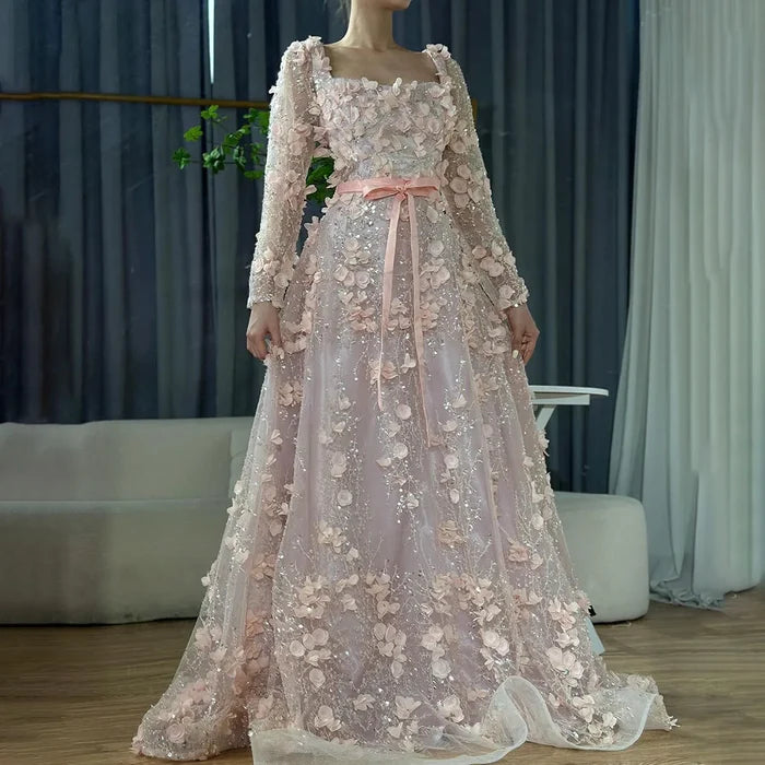 Luxury Arabic Gray A Line Elegant 3D Flower Evening Dress Long Sleeve LA72657 - SERENE HILL