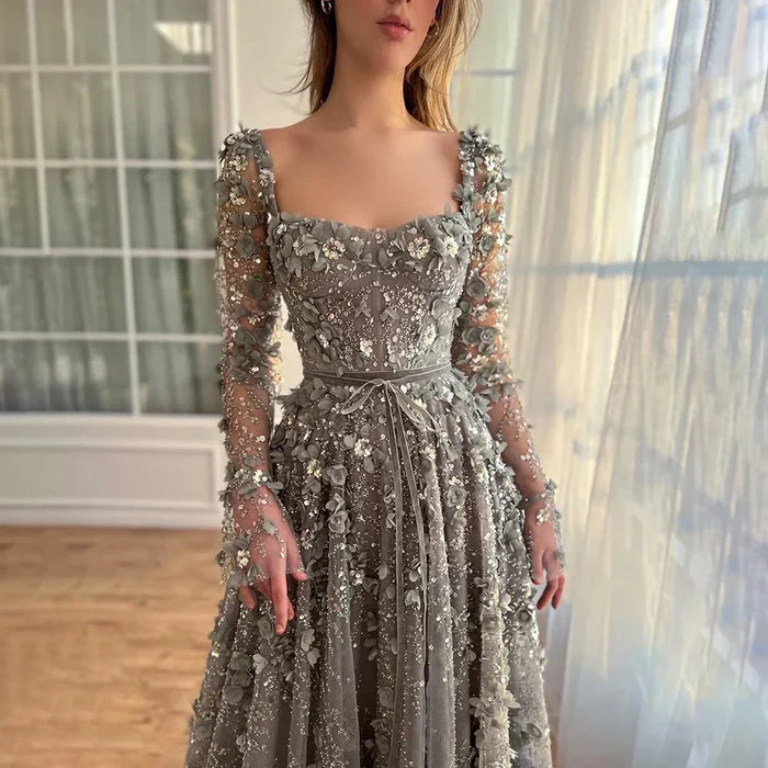 Luxury Arabic Gray A Line Elegant 3D Flower Evening Dress Long Sleeve LA72657 - SERENE HILL