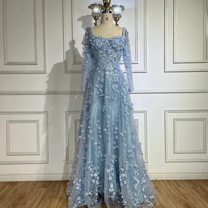 Luxury Arabic Gray A Line Elegant 3D Flower Evening Dress Long Sleeve LA72657 - SERENE HILL
