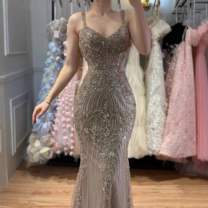 Luxury Arabic Grey Mermaid Spaghetti Strap Beaded Evening Dress LA71652 - SERENE  HILL