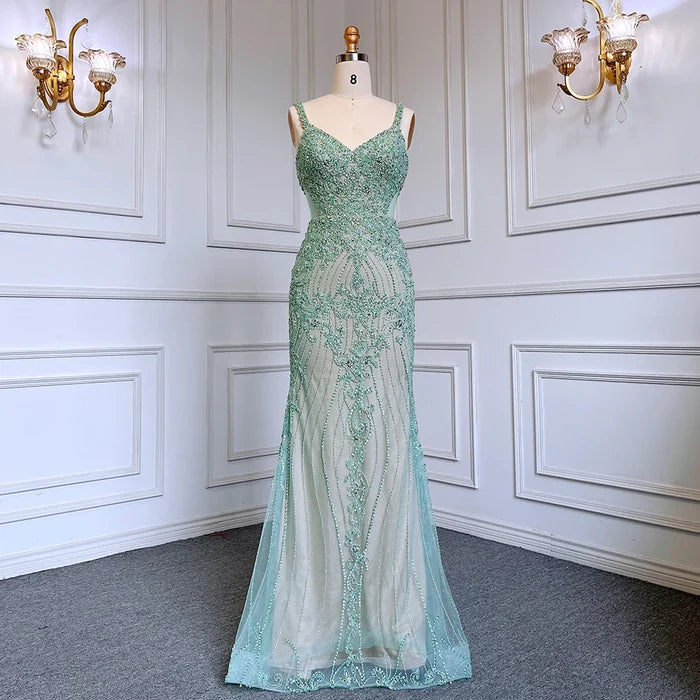 Serene Hill Arabic Grey Mermaid Spaghetti Straps Elegant Evening Dresses Gowns Luxury Beaded 2025 For Woman Party LA71652 - SERENE HILL