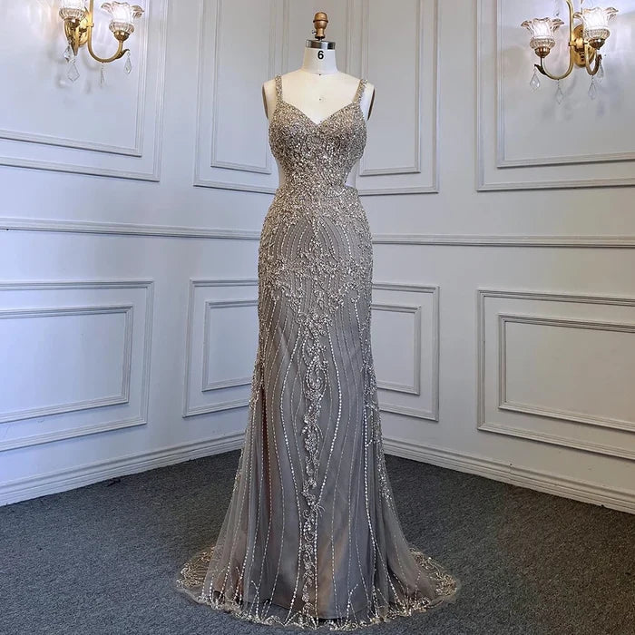 Serene Hill Arabic Grey Mermaid Spaghetti Straps Elegant Evening Dresses Gowns Luxury Beaded 2025 For Woman Party LA71652 - SERENE HILL
