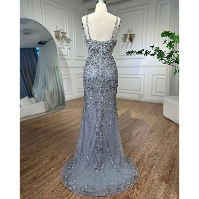 Serene Hill Arabic Grey Mermaid Spaghetti Straps Elegant Evening Dresses Gowns Luxury Beaded 2025 For Woman Party LA71652 - SERENE HILL