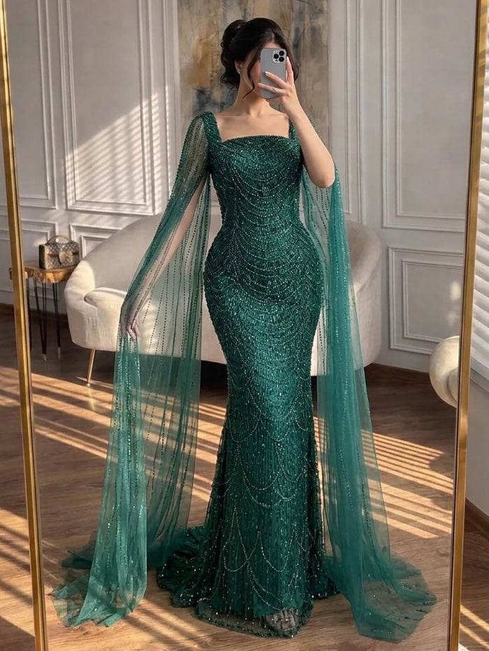 Luxury Arabic Mermaid Evening Dress with Cape Sleeves Plus Size LA72590A
