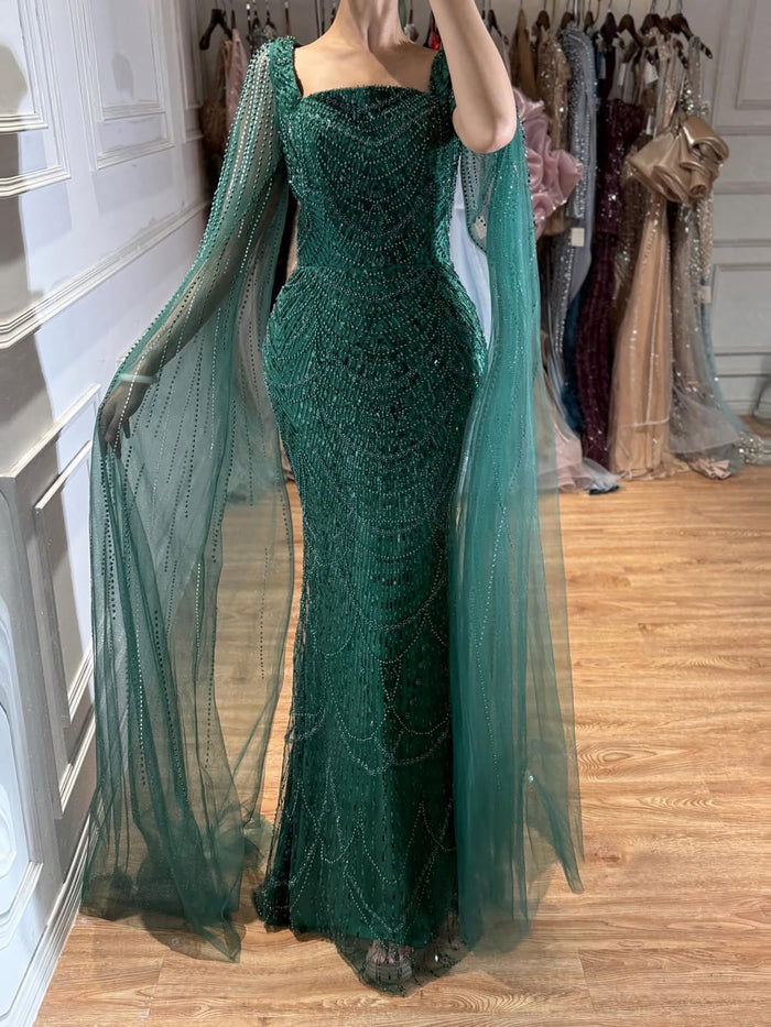 Luxury Arabic Mermaid Evening Dress with Cape Sleeves Plus Size LA72590A