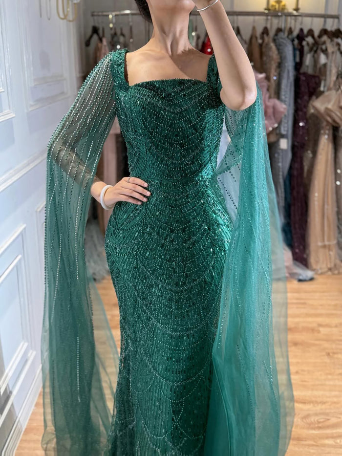 Luxury Arabic Mermaid Evening Dress with Cape Sleeves Plus Size LA72590A