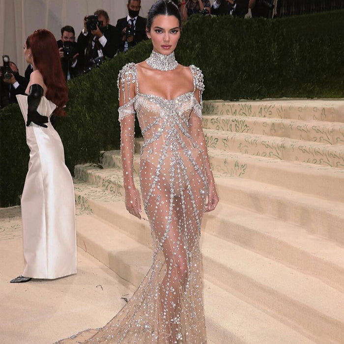 Luxury Arabic Nude Kendall Jenner Mermaid Evening Dress Beaded Tassel LA71540 - SERENE HILL