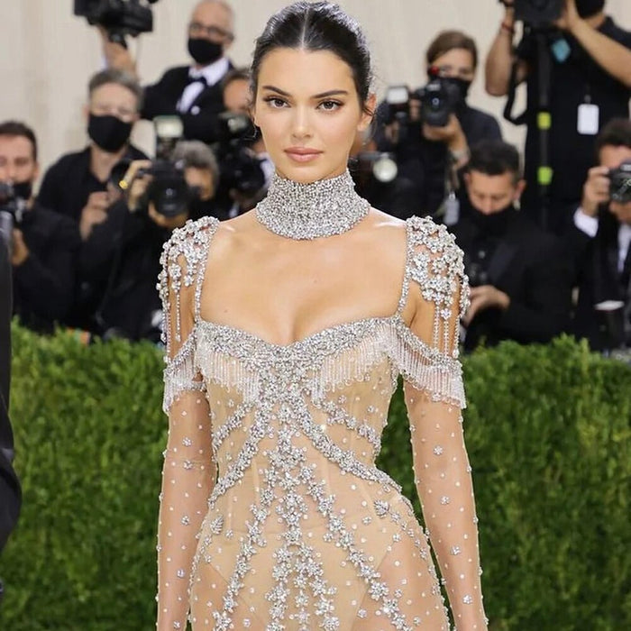 Luxury Arabic Nude Kendall Jenner Mermaid Evening Dress Beaded Tassel LA71540 - SERENE HILL