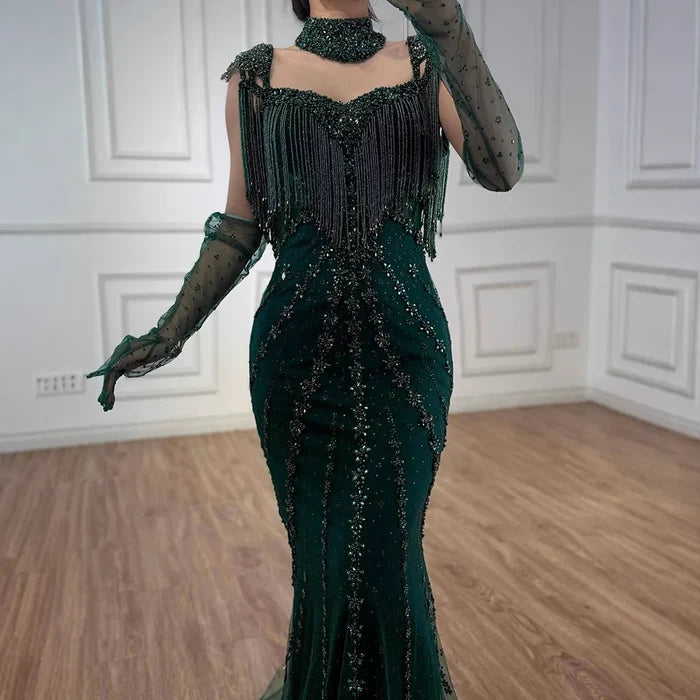 Luxury Arabic Nude Kendall Jenner Mermaid Evening Dress Beaded Tassel LA71540 - SERENE HILL