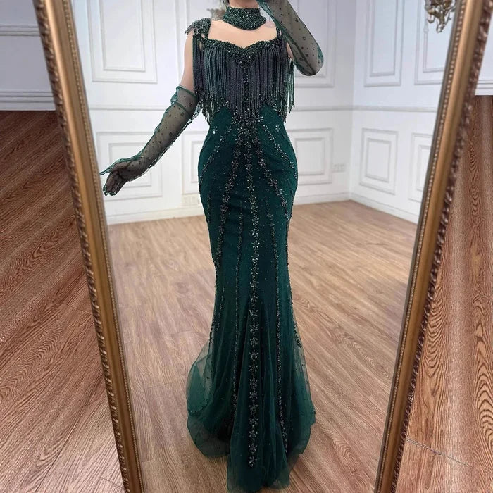 Luxury Arabic Nude Kendall Jenner Mermaid Evening Dress Beaded Tassel LA71540 - SERENE HILL