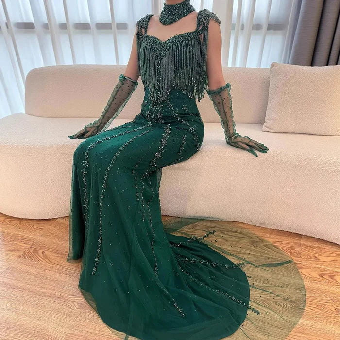 Luxury Arabic Nude Kendall Jenner Mermaid Evening Dress Beaded Tassel LA71540 - SERENE HILL