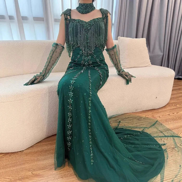 Luxury Arabic Nude Kendall Jenner Mermaid Evening Dress Beaded Tassel LA71540 - SERENE HILL
