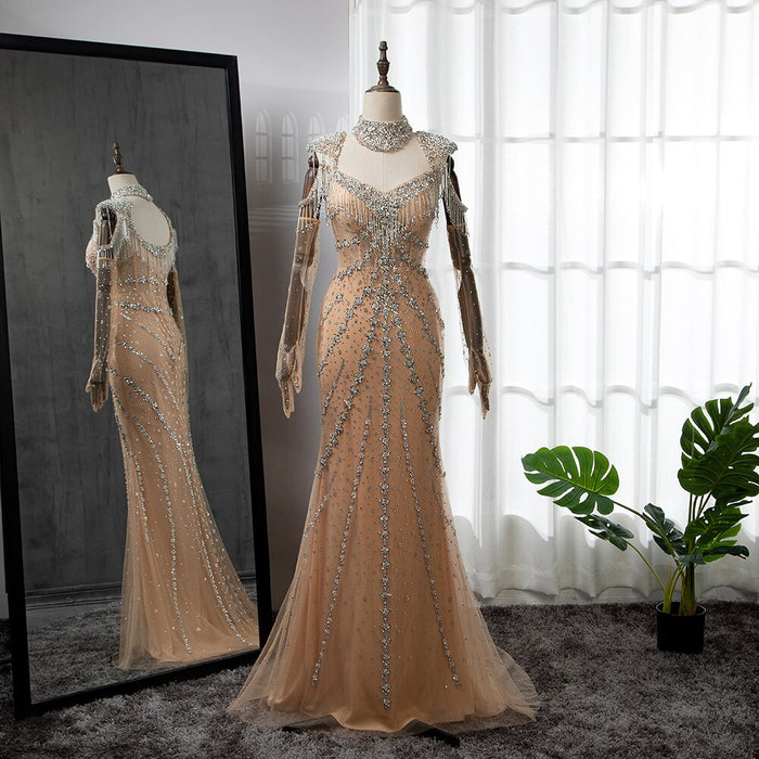 Luxury Arabic Nude Kendall Jenner Mermaid Evening Dress Beaded Tassel LA71540 - SERENE HILL