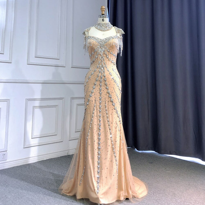 Luxury Arabic Nude Kendall Jenner Mermaid Evening Dress Beaded Tassel LA71540 - SERENE HILL