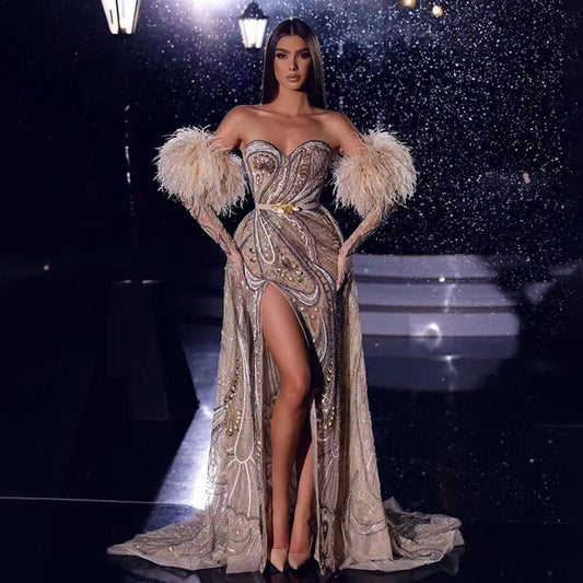 Luxury Arabic Nude Mermaid High Split Feather Beaded Evening Dress LA71910 - SERENE HILL