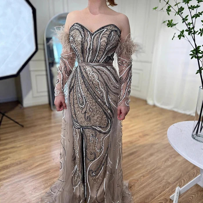 Luxury Arabic Nude Mermaid High Split Feather Beaded Evening Dress LA71910 - SERENE HILL