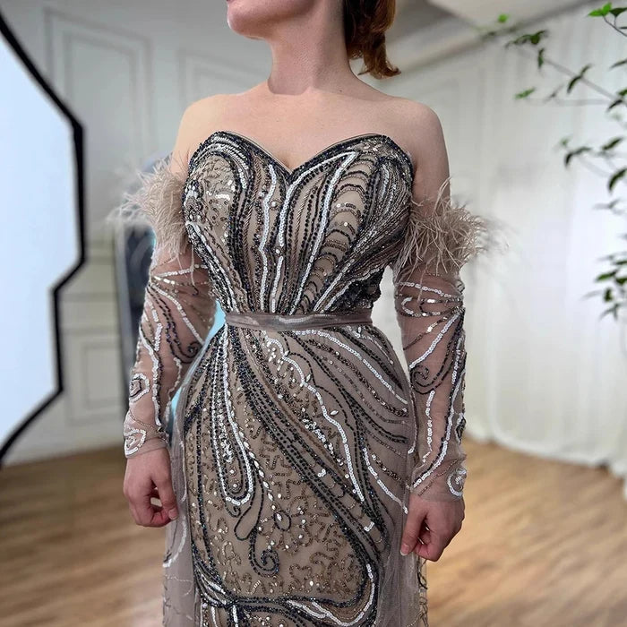 Luxury Arabic Nude Mermaid High Split Feather Beaded Evening Dress LA71910 - SERENE HILL