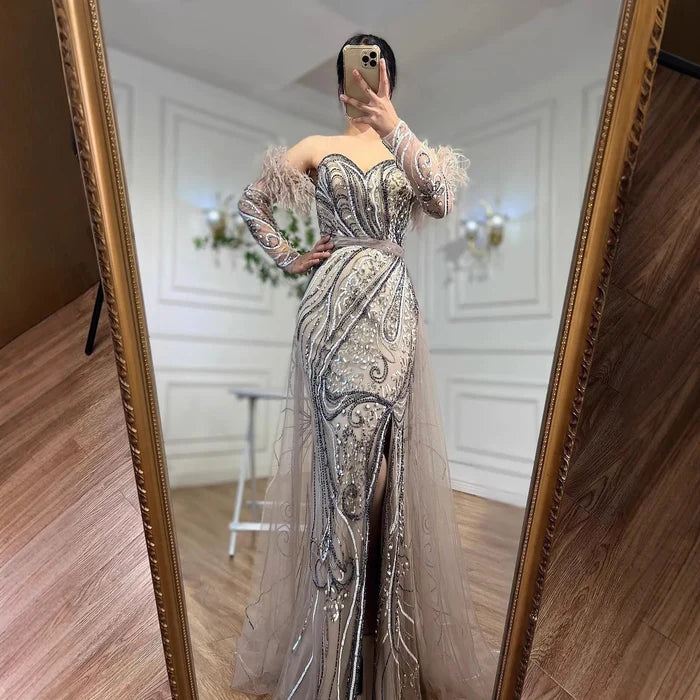 Luxury Arabic Nude Mermaid High Split Feather Beaded Evening Dress LA71910 - SERENE HILL