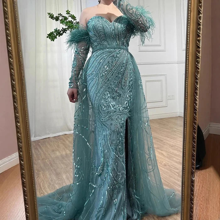 Luxury Arabic Nude Mermaid High Split Feather Beaded Evening Dress LA71910 - SERENE HILL