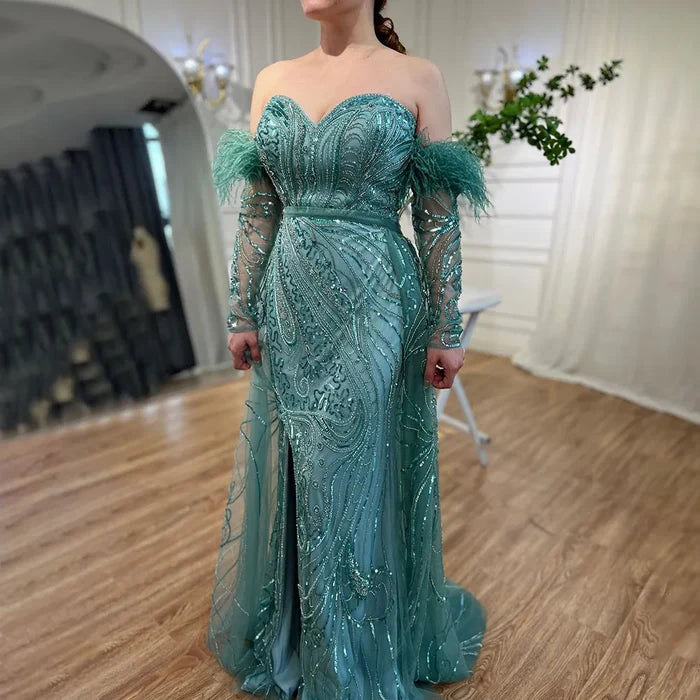 Luxury Arabic Nude Mermaid High Split Feather Beaded Evening Dress LA71910 - SERENE HILL