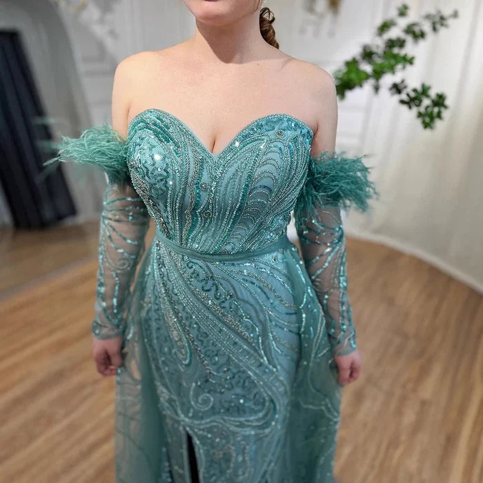 Luxury Arabic Nude Mermaid High Split Feather Beaded Evening Dress LA71910 - SERENE HILL