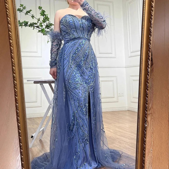 Luxury Arabic Nude Mermaid High Split Feather Beaded Evening Dress LA71910 - SERENE HILL