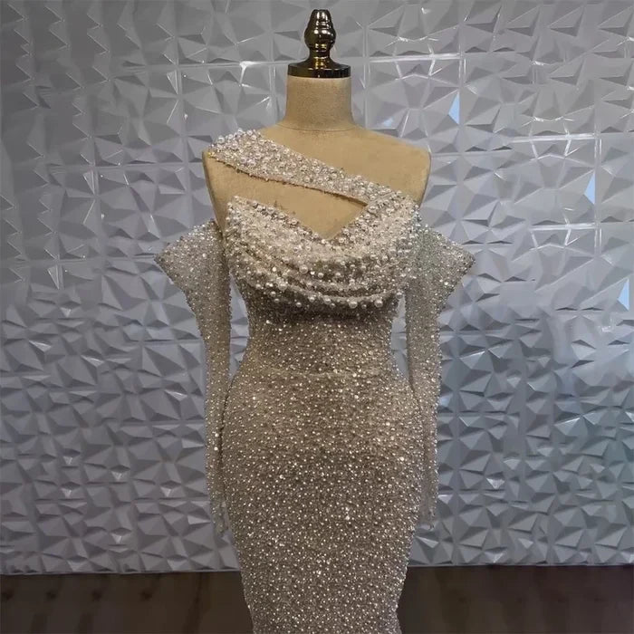 Serene Hill 2025 Arab Nude One Shoulder Mermaid Evening Dress Elegant Luxury Gown with Beaded for Women's Party LA72365 - SERENE HILL