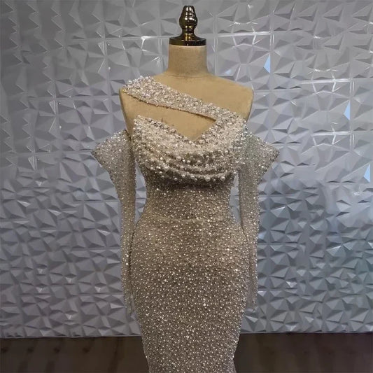 Serene Hill 2025 Arab Nude One Shoulder Mermaid Evening Dress Elegant Luxury Gown with Beaded for Women's Party LA72365 - SERENE HILL