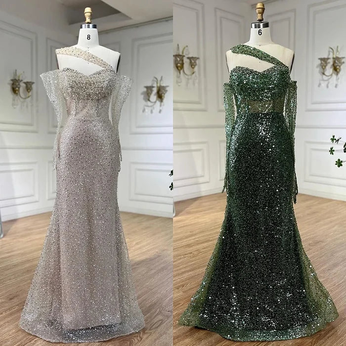 Serene Hill 2025 Arab Nude One Shoulder Mermaid Evening Dress Elegant Luxury Gown with Beaded for Women's Party LA72365 - SERENE HILL