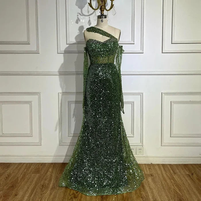 Serene Hill 2025 Arab Nude One Shoulder Mermaid Evening Dress Elegant Luxury Gown with Beaded for Women's Party LA72365 - SERENE HILL