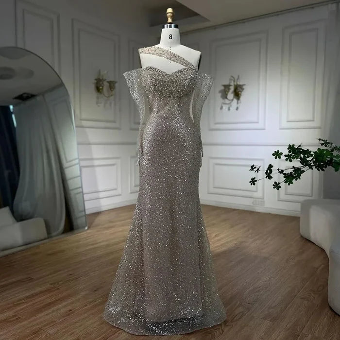 Serene Hill 2025 Arab Nude One Shoulder Mermaid Evening Dress Elegant Luxury Gown with Beaded for Women's Party LA72365 - SERENE HILL