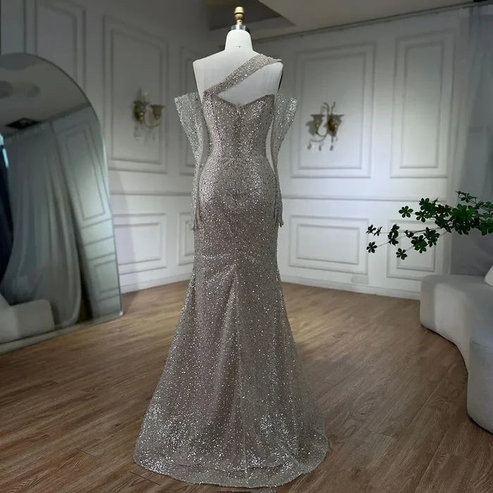 Serene Hill 2025 Arab Nude One Shoulder Mermaid Evening Dress Elegant Luxury Gown with Beaded for Women's Party LA72365 - SERENE HILL