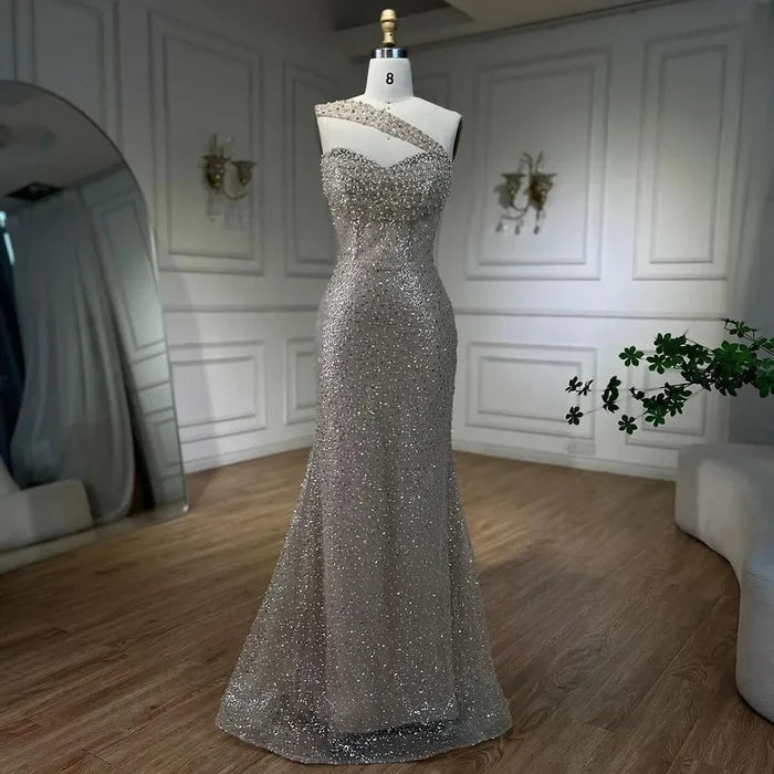 Serene Hill 2025 Arab Nude One Shoulder Mermaid Evening Dress Elegant Luxury Gown with Beaded for Women's Party LA72365 - SERENE HILL