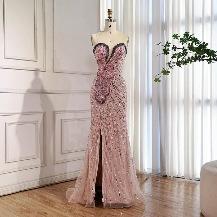 Luxury Arabic Pink Mermaid Evening Dress With High Split LA72480