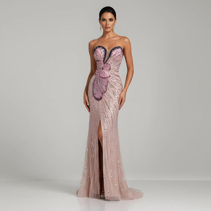 Luxury Arabic Pink Mermaid Evening Dress With High Split LA72480