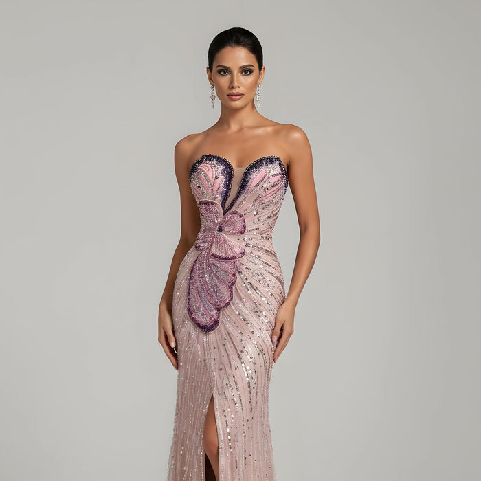 Luxury Arabic Pink Mermaid Evening Dress With High Split LA72480