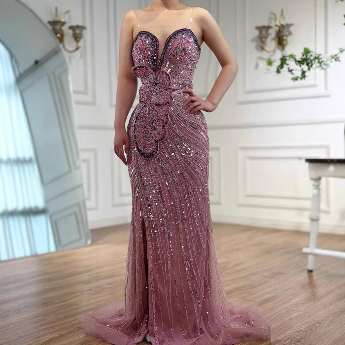 Luxury Arabic Pink Mermaid Evening Dress With High Split LA72480