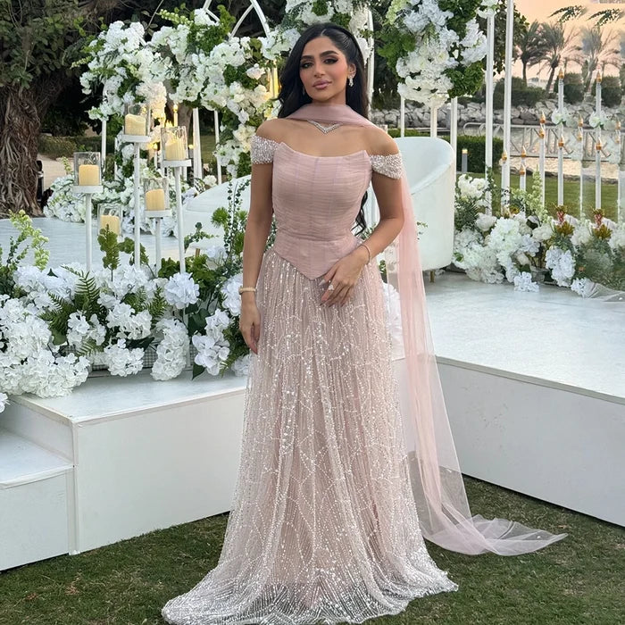 Luxury Arabic Pink Pearls Beaded Evening Dress With Cape LA72922 - SERENE HILL