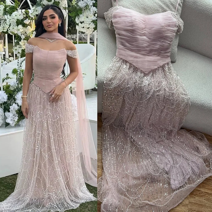 Luxury Arabic Pink Pearls Beaded Evening Dress With Cape LA72922 - SERENE HILL