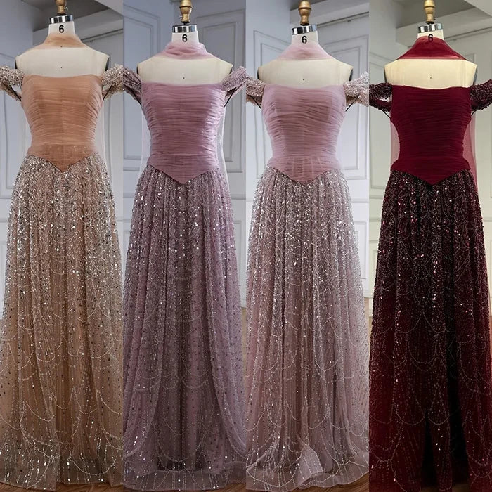 Luxury Arabic Pink Pearls Beaded Evening Dress With Cape LA72922 - SERENE HILL