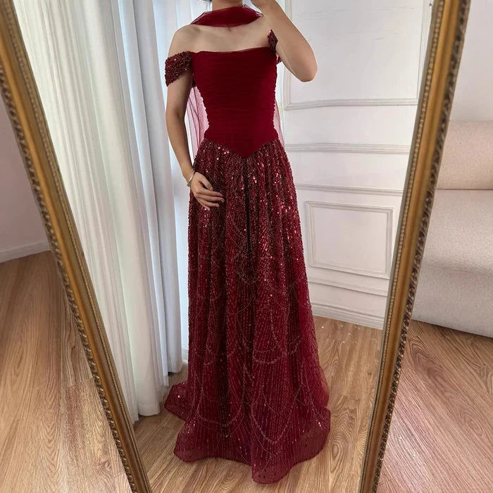 Luxury Arabic Pink Pearls Beaded Evening Dress With Cape LA72922 - SERENE HILL