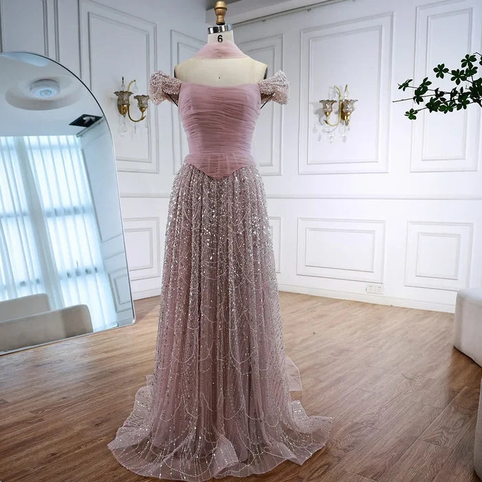 Luxury Arabic Pink Pearls Beaded Evening Dress With Cape LA72922 - SERENE HILL