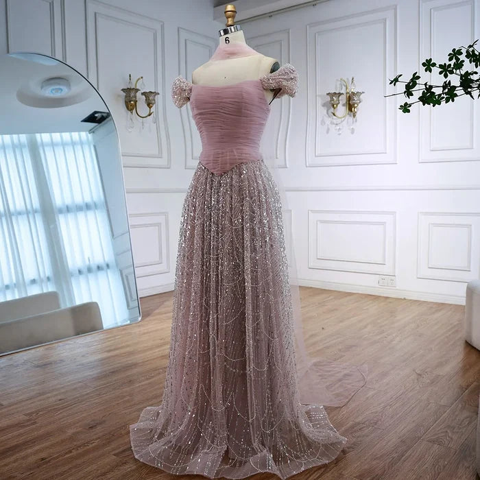Luxury Arabic Pink Pearls Beaded Evening Dress With Cape LA72922 - SERENE HILL