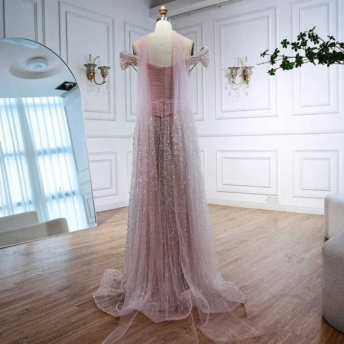 Luxury Arabic Pink Pearls Beaded Evening Dress With Cape LA72922 - SERENE HILL