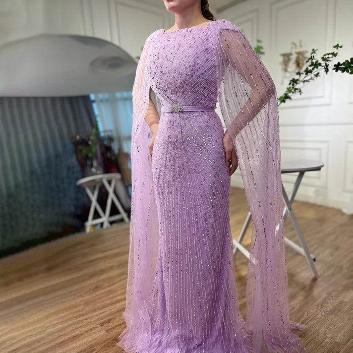 Luxury Arabic Purple Mermaid Evening Dress with Cape Sleeves LA71909 - SERENE HILL