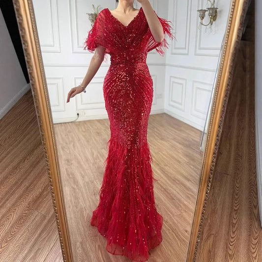 Luxury Arabic Red Mermaid Evening Dress with Feathers Beaded LA71323A - SERENE HILL