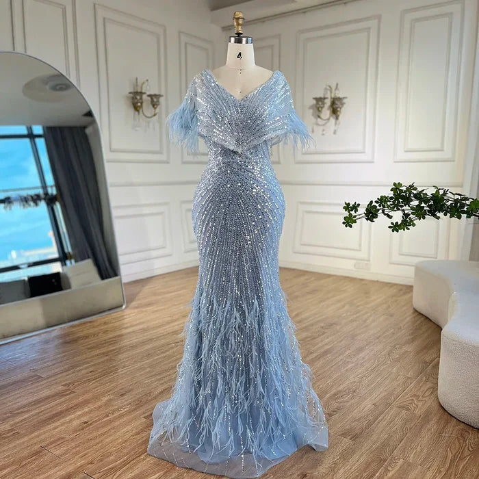 Luxury Arabic Red Mermaid Evening Dress with Feathers Beaded LA71323A - SERENE HILL
